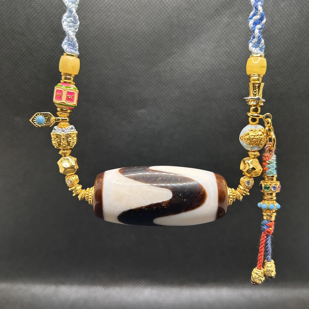 台珠手工珠老吴纯系老料虎牙条纹玛瑙天珠设计款锁骨链23*48.5mm