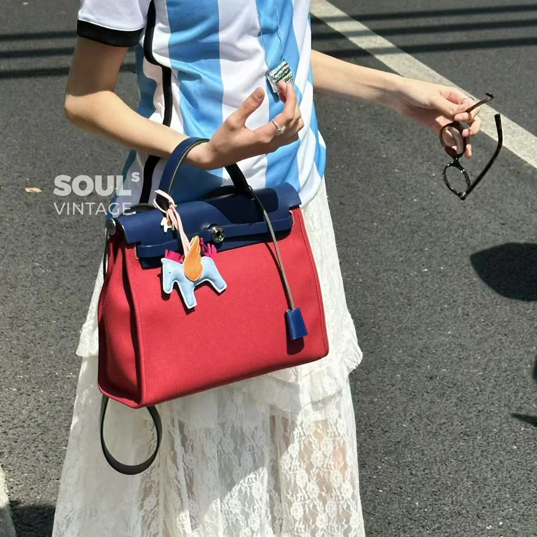 95新 Hermes/爱马仕 帆布拼皮herbag 31单肩包/611804504