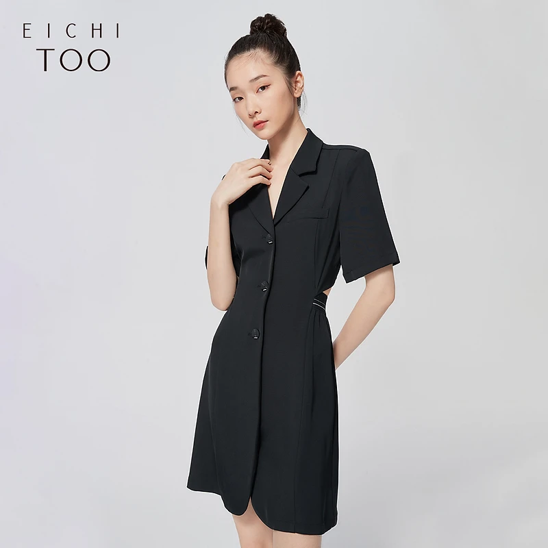 A爱居兔夏女纯色后腰镂空通勤时尚西服式短袖连衣裙EQLBJ2M075A