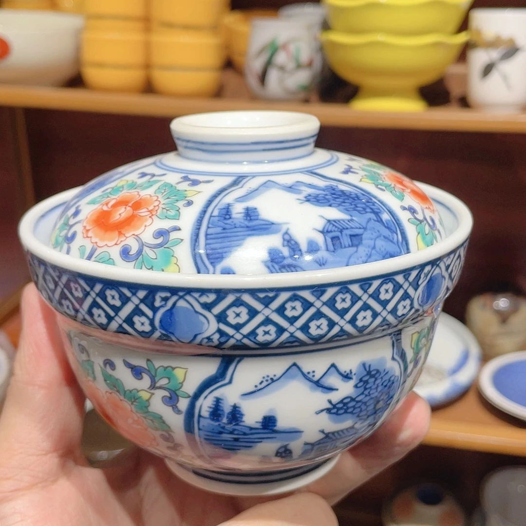 小峰窑底款满绘釉下青花胶质釉彩绘盖碗