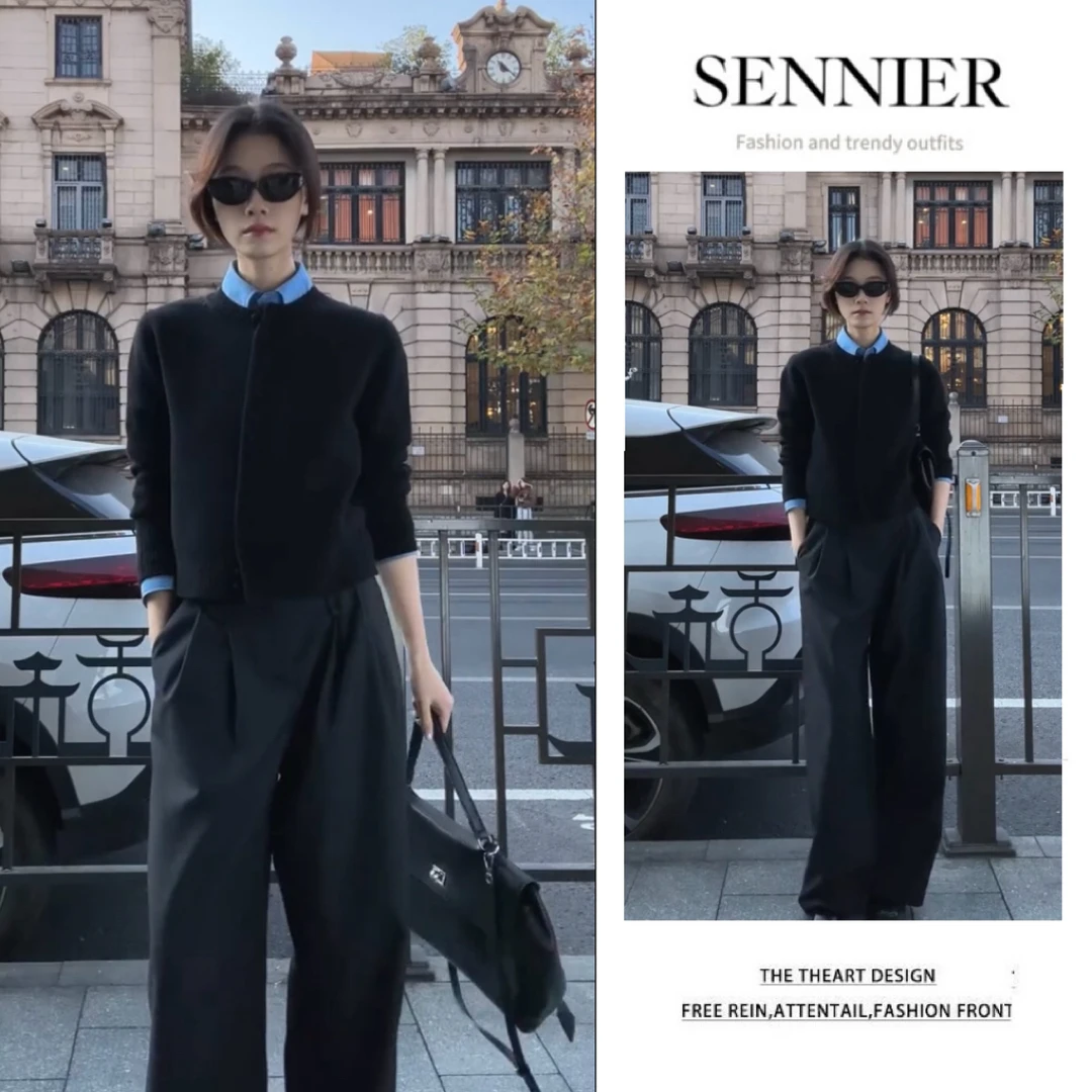 韩系穿搭女2025新款洋气短款针织衫叠穿蓝色衬衫气质阔腿裤三件套