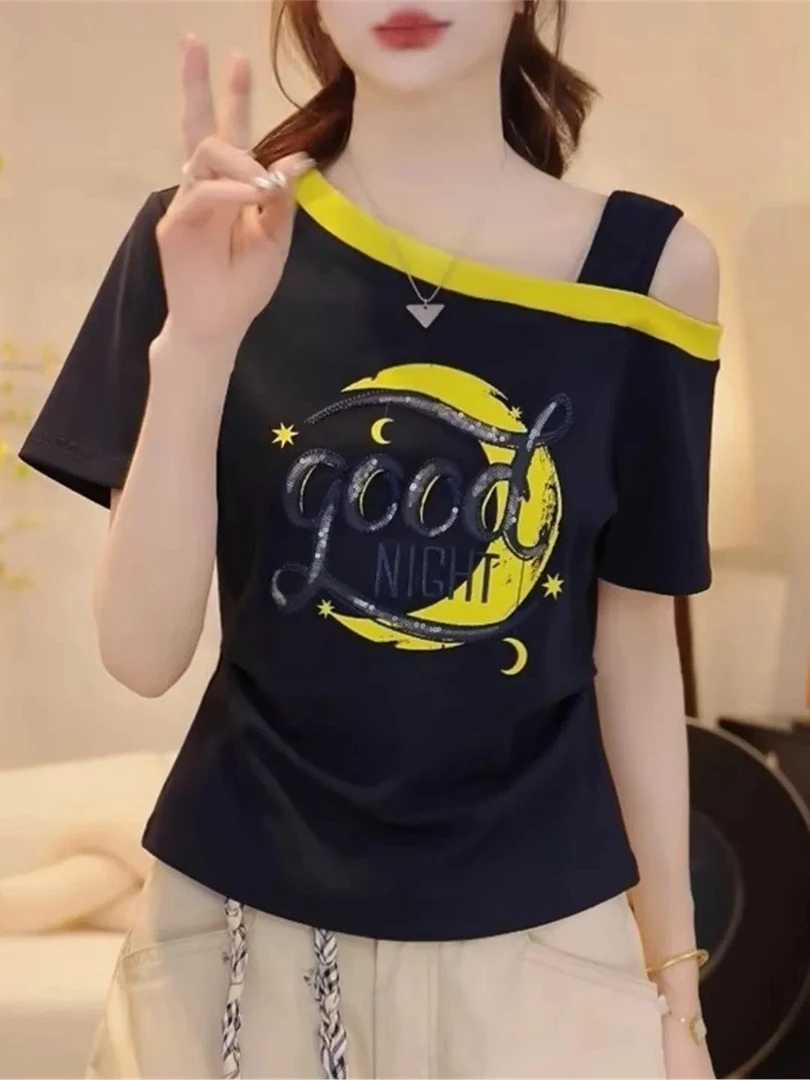 【氛围日记】夏季撞色假两件斜肩领时尚百搭短袖T恤上衣女2025显瘦