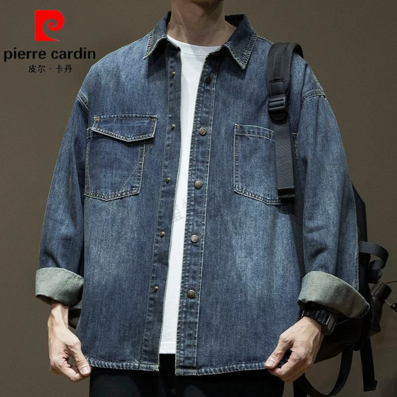 皮尔卡丹牛仔长袖衬衣男士春季宽松大码高级感美式复古衬衫外套潮