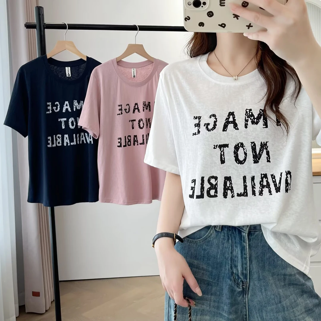 短袖字母大码印花女士短袖T恤时尚简约百搭宽松显瘦冰凉感短袖t恤