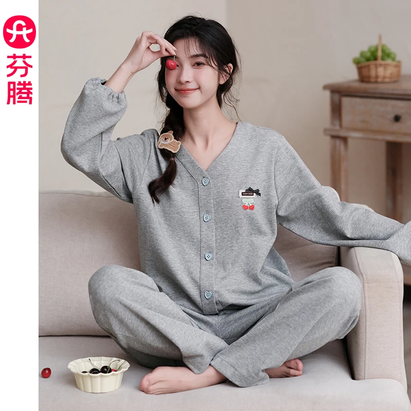 芬腾新款睡衣女士春秋季纯棉宽松长袖开衫套装全棉外出可穿家居服