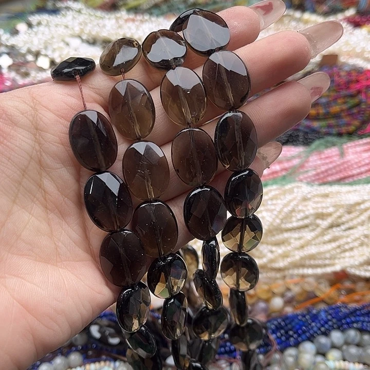 玛瑙/玉髓珠宝半成品未镶嵌一条15mm左右茶晶刻面椭圆片