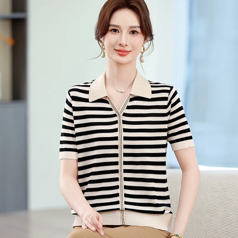 夏季妈妈装时尚条纹T恤小衫中老年人女装亲肤短袖洋气上衣服7717