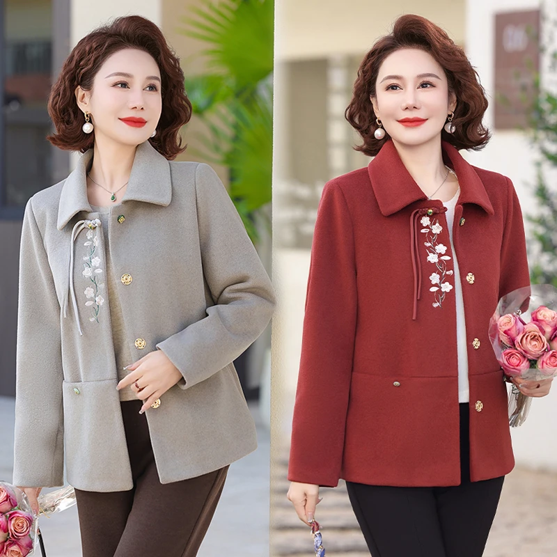 中年妈妈春装新款洋气毛呢外套中老年女装春秋气质绣花呢子上衣