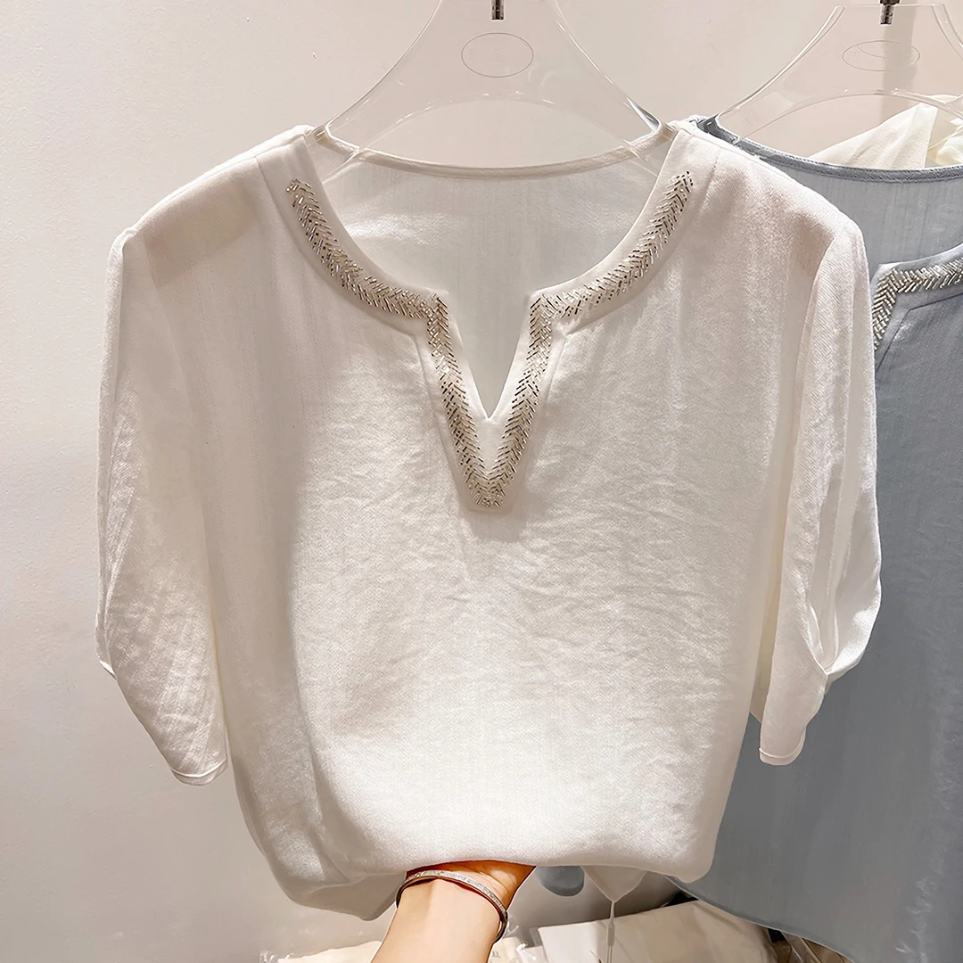 法式新款气质纯色圆领开叉镶钻套头显瘦高级感上衣女夏季短袖t恤