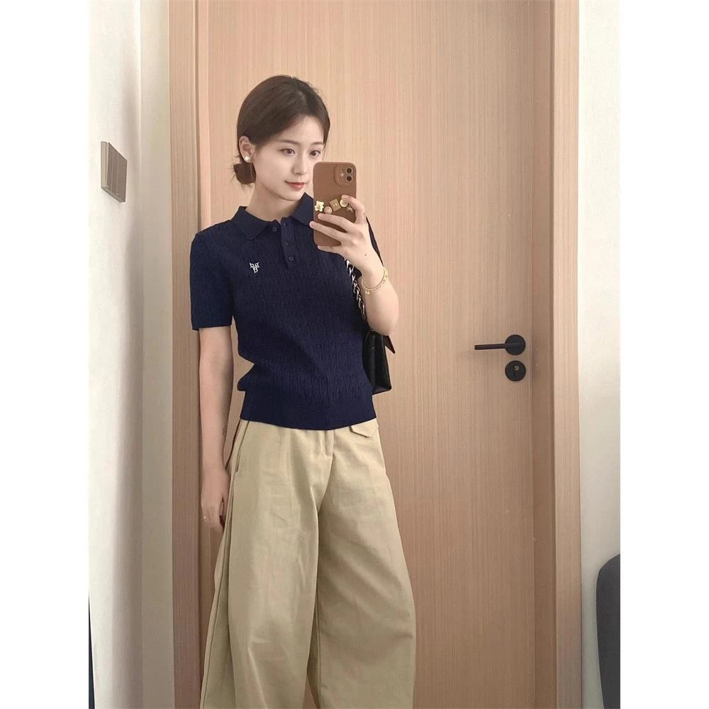 韩系藏青色polo领针织短袖t恤女夏季独特超好看显瘦短款正肩上衣