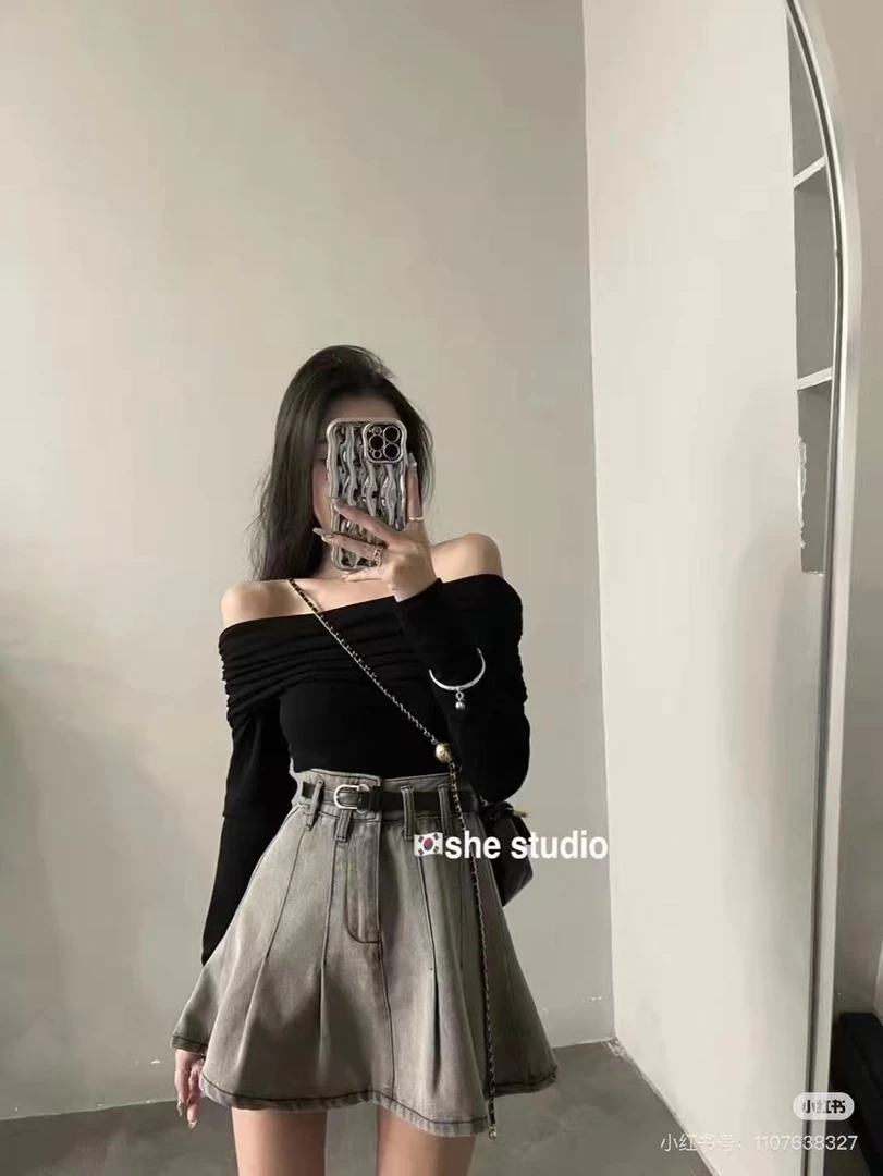 D6-3灰色”缝线百褶“短裙（6733）