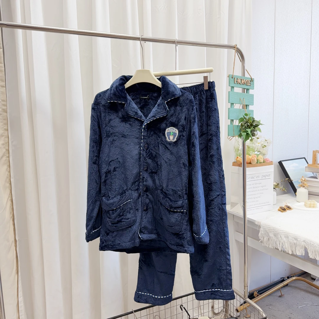 男士秋冬厚款法兰绒开襟居家服套装801