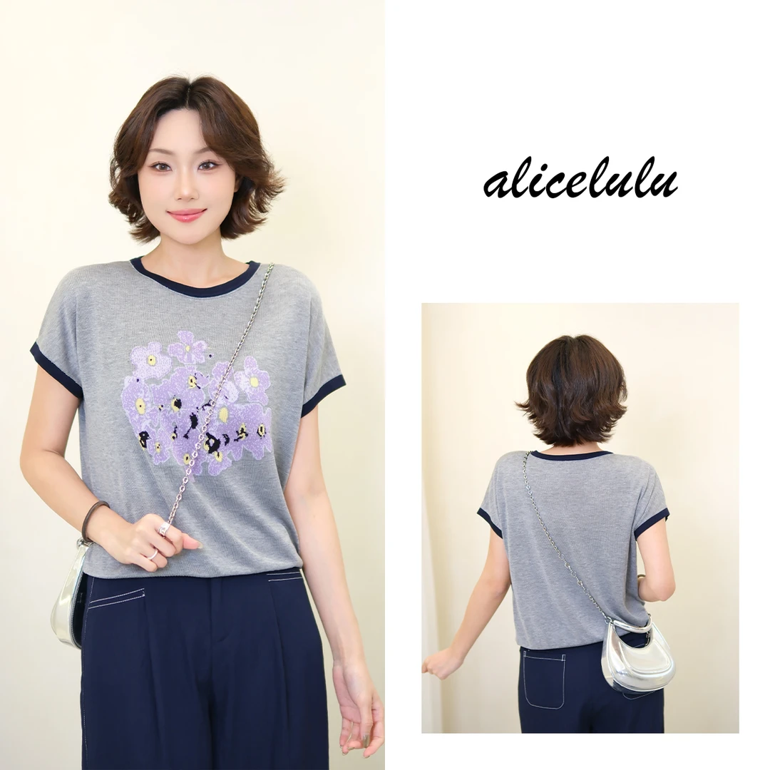 [alicelulu]韩版紫色花朵提花灰色无袖圆领宽松针织衫S2143011T
