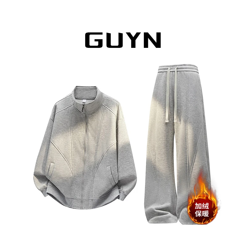 【品牌现货】GUYN休闲运动套装男士冬季加绒加厚立领卫衣卫裤两件套