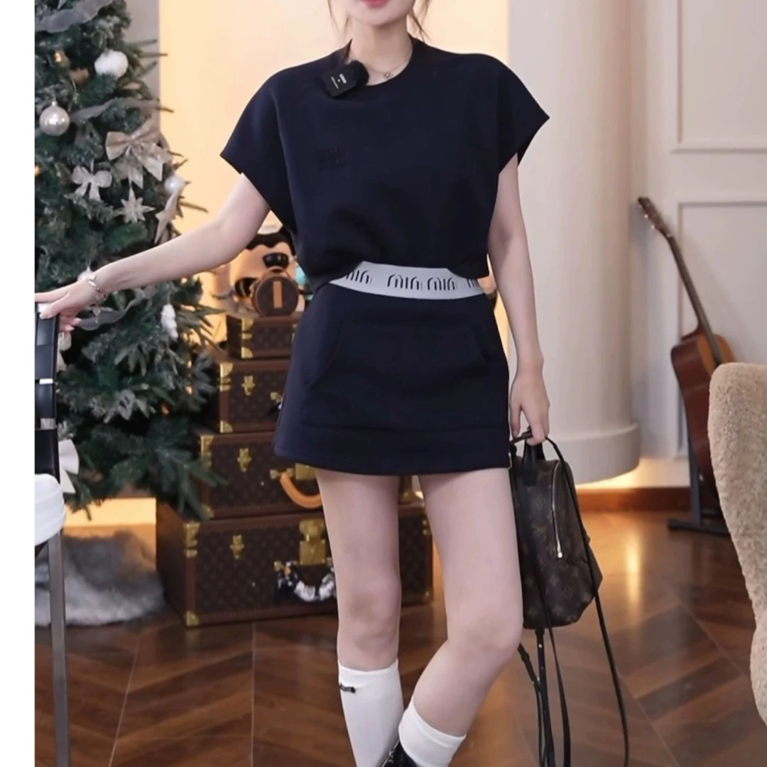 2025夏季小个子半袖短款上衣字母织带半裙套装女减龄洋气两件套