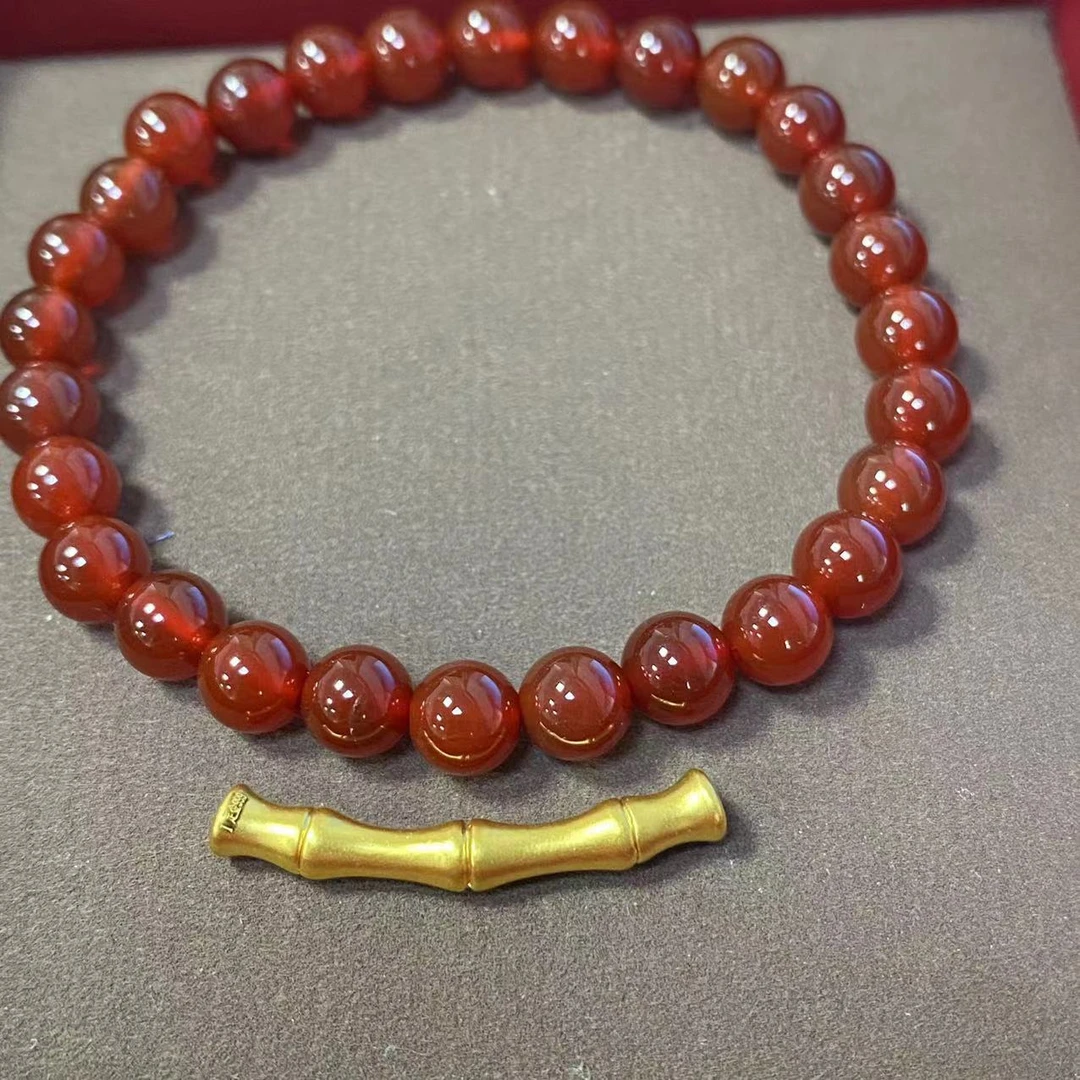 足金999古法竹节弯管搭红玛 瑙手串@@A235