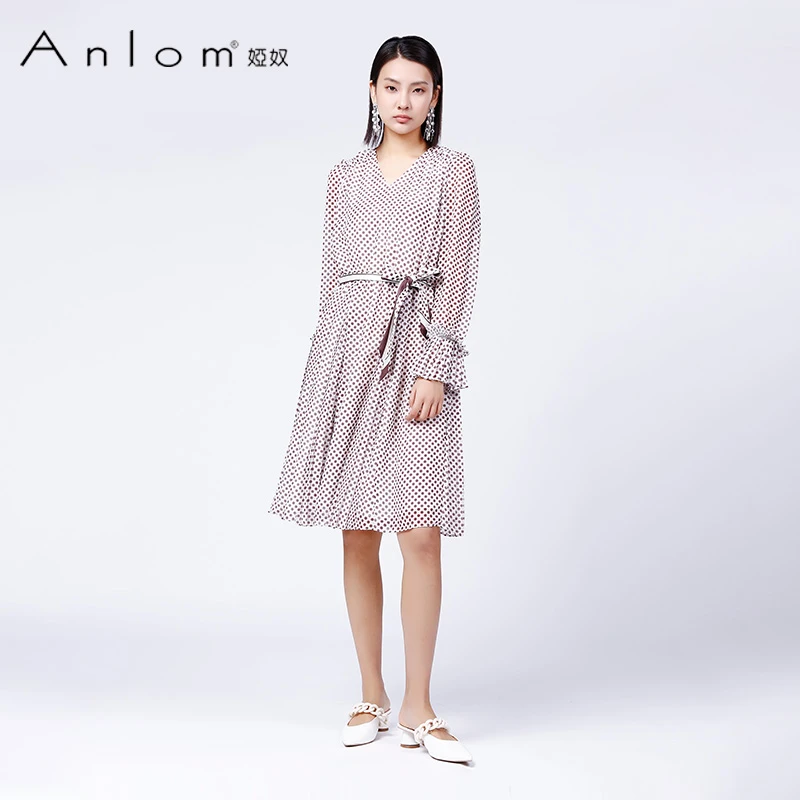 Anlom/娅奴连衣裙女夏新款气质优雅显瘦时尚短袖咖啡圆点连衣裙