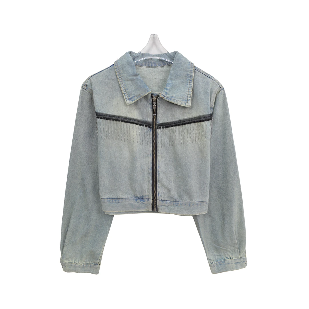 美式复古风短款牛仔外套高级感钉珠流苏上衣C18018