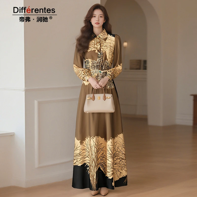 帝弗润驰秋新款金咖色缎面复古印花连衣裙女优雅气质法式长款长裙