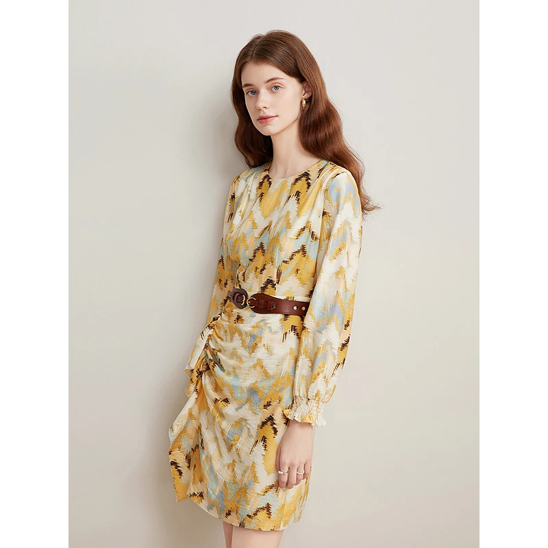 Goodland美地2025春季新款法式优雅荷叶花边印花连衣裙LC35105070