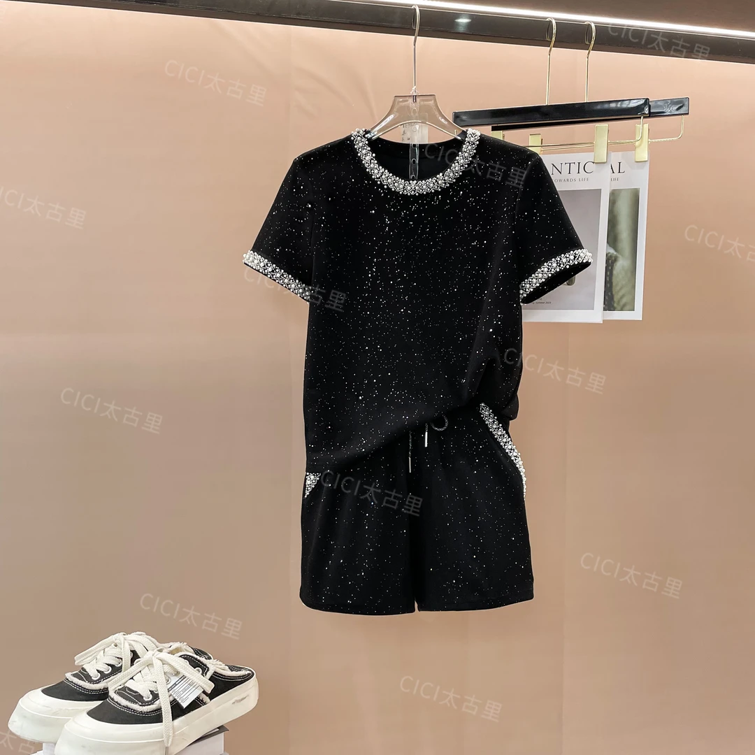 极夜繁星 高奢重工满天星短袖T恤+高腰显瘦短裤两件套YL-4000060