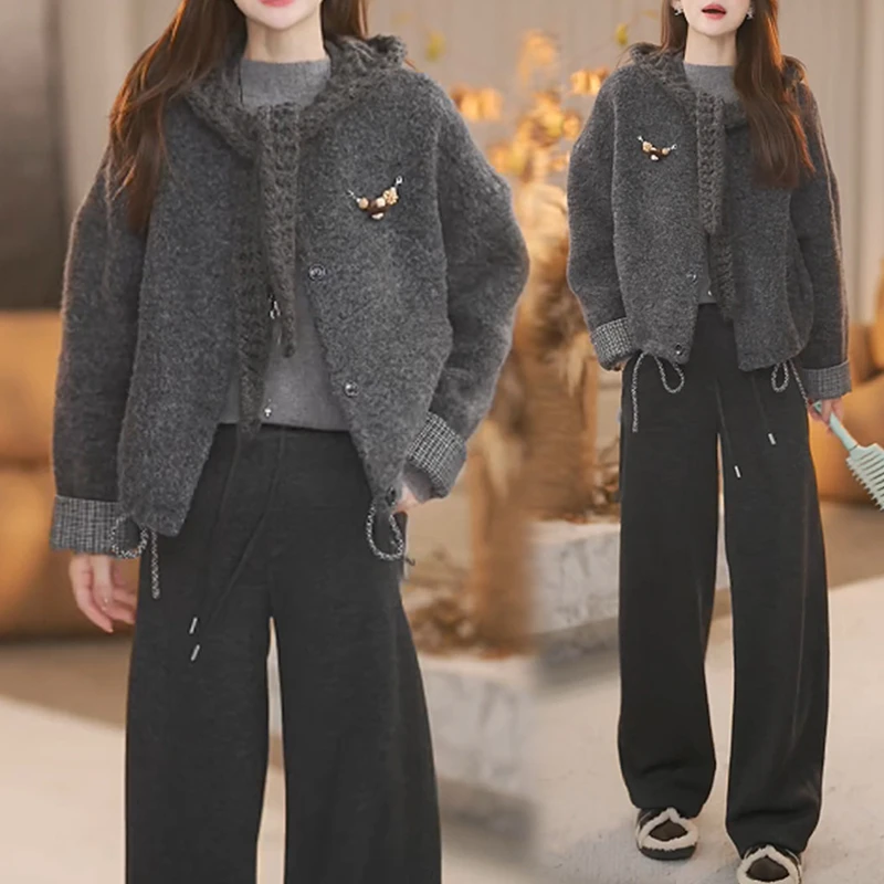 2025毛绒连帽外套高腰阔腿裤套装秋冬休闲复古风显瘦时尚通勤穿搭