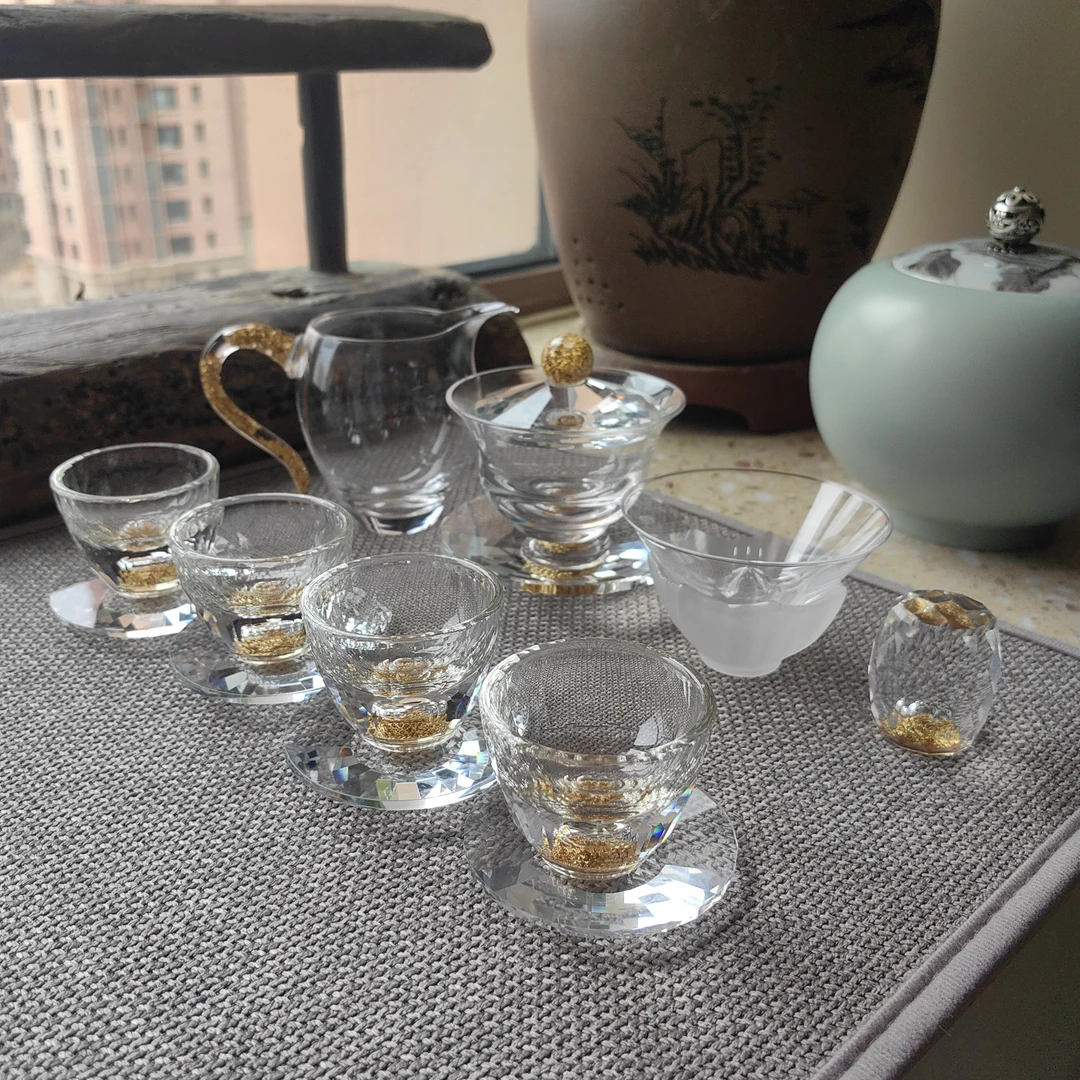 水晶高档茶具套装灌金箔轻奢盖碗整套功夫茶具茶杯高端家用定制