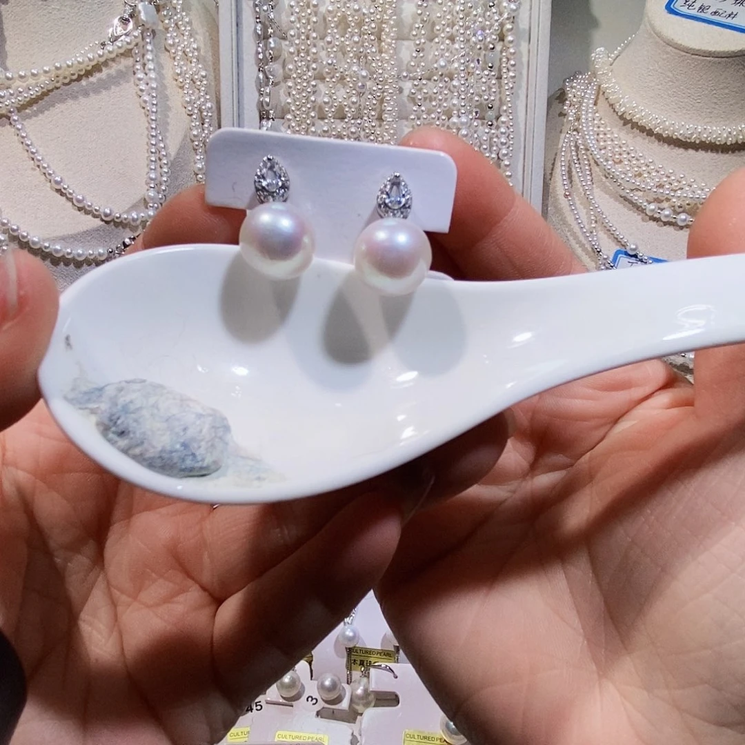 耳饰银S925镶嵌淡水珍珠极光耳钉