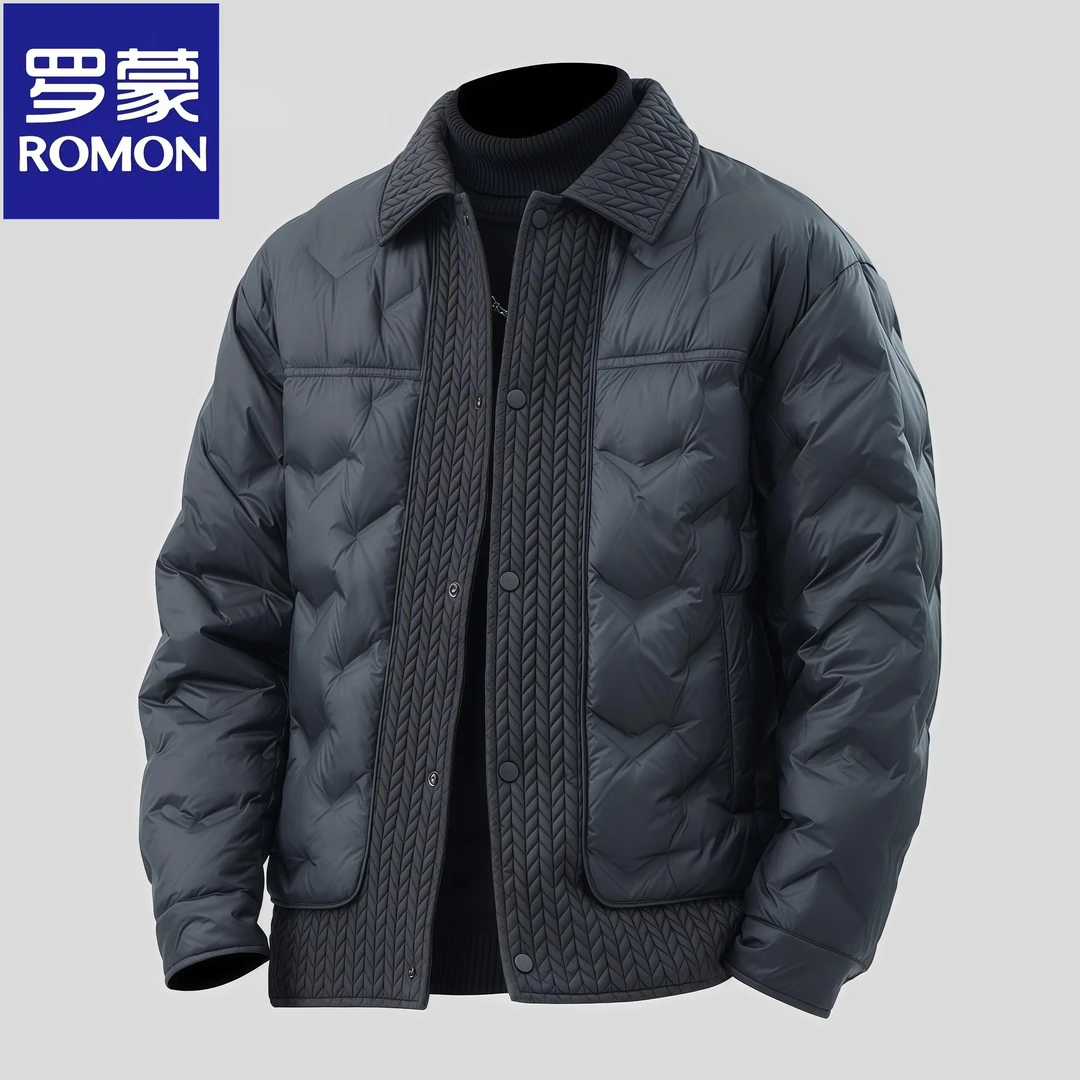 Romon/罗蒙上新麦穗拼接羽绒服冬季潮牌时尚衬衫式防寒服夹克外套