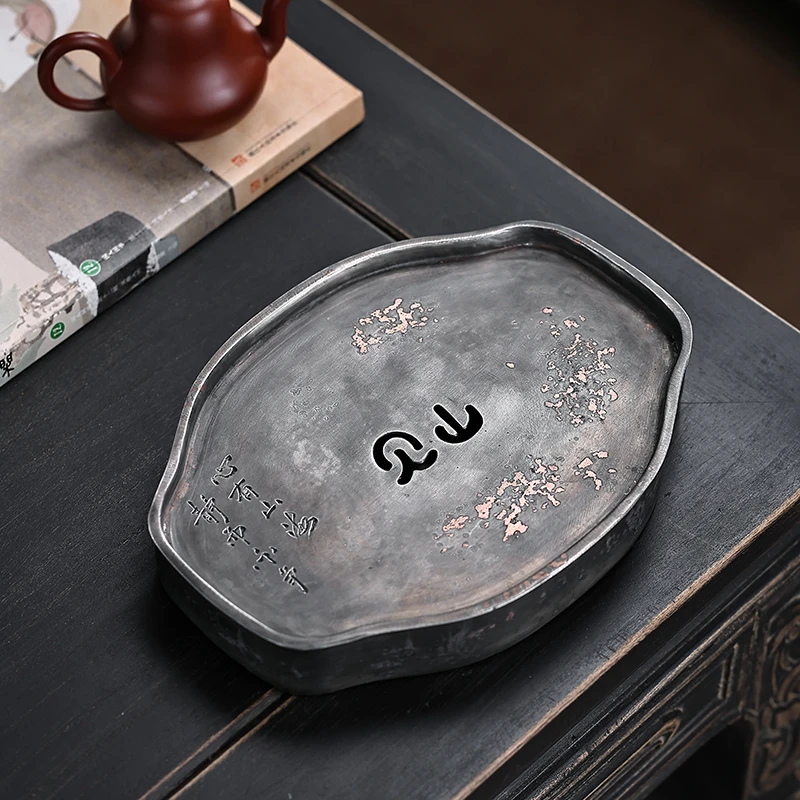 高纯度锡壶承复古干泡台储水式茶船壶垫手工锡器潮汕茶盘观山茶托