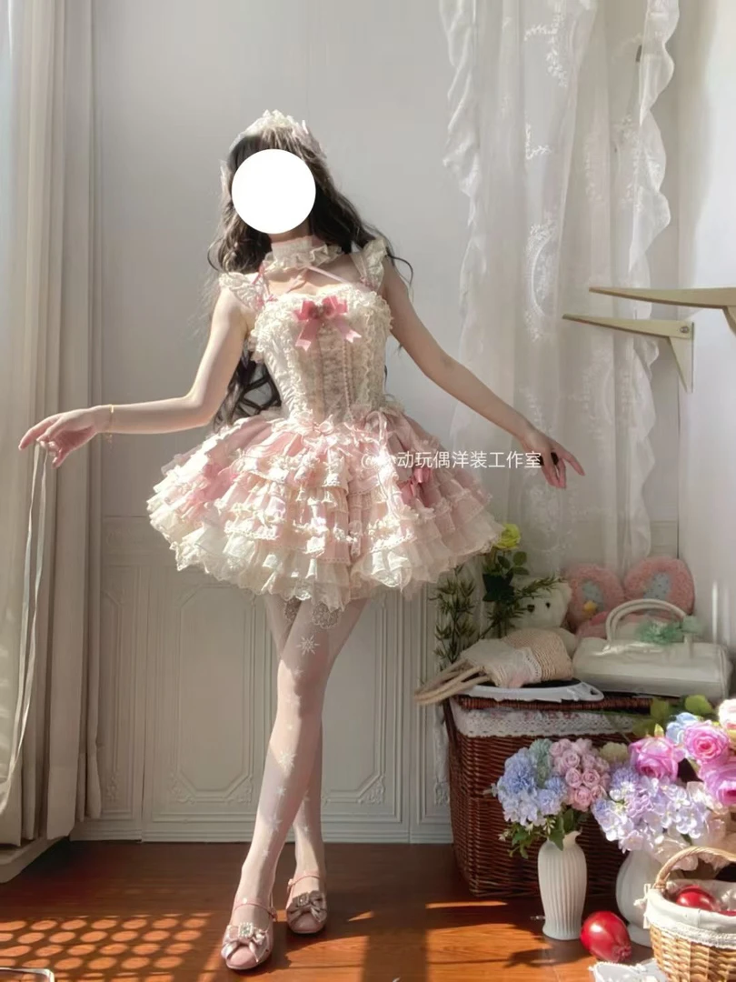 【现货】花绮梦Jsk吊带连衣裙心动玩偶原创芭蕾风Lolita碎花洛丽塔