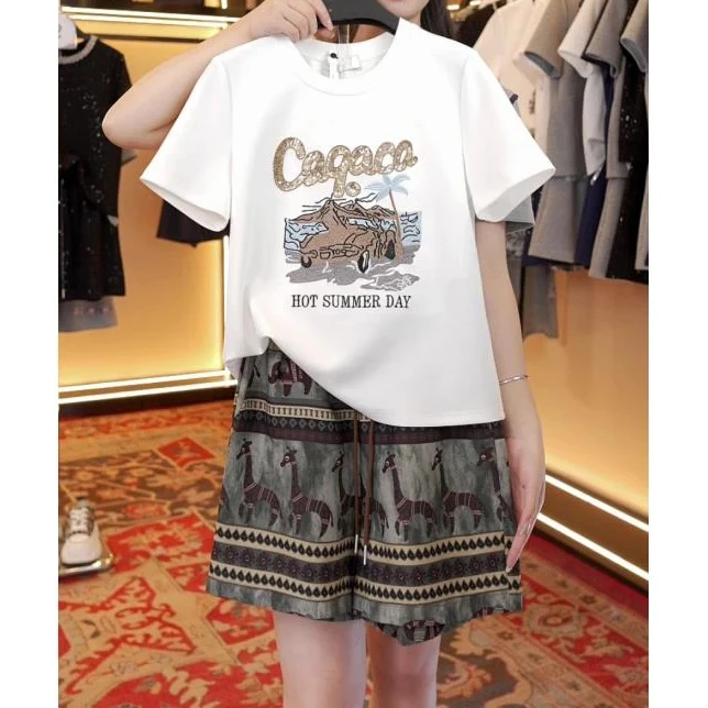 新款汽车椰子树圆领宽松显瘦套装夏季