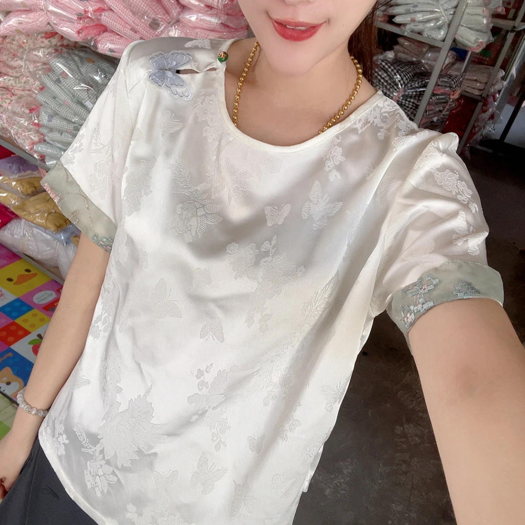 【蝴蝶短袖】2025 新款新中式圆领珠子扣 袖口拼接刺绣短袖夏季女