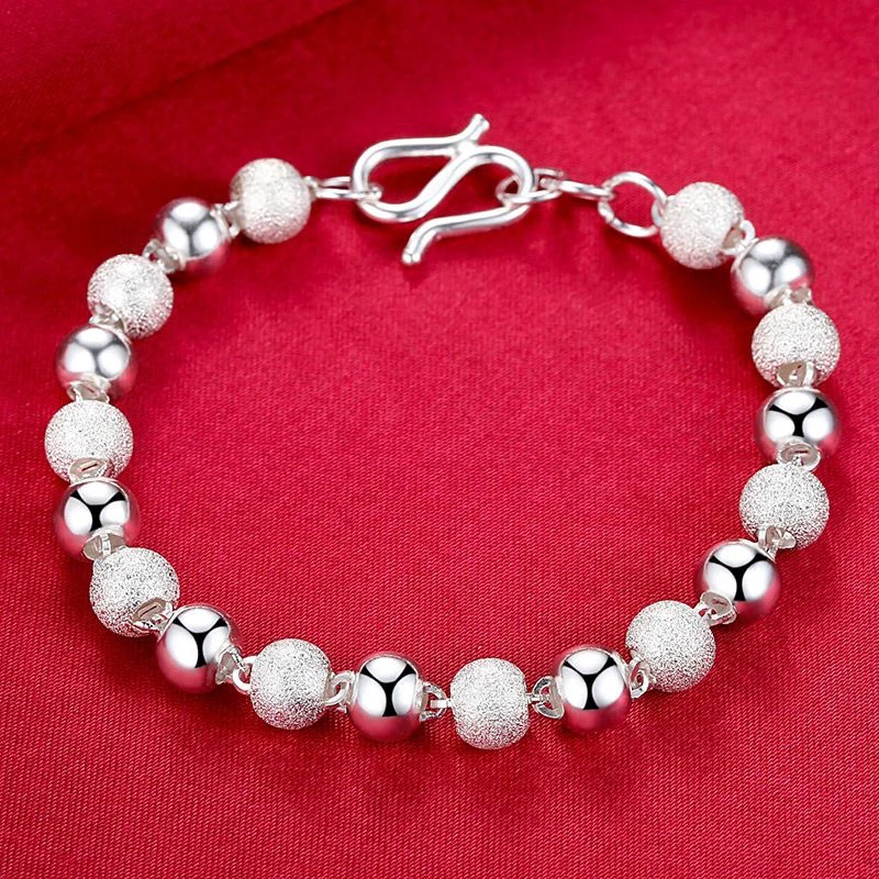 足银手链 A64喷砂工艺圆珠手链纯银亮面圆珠手链ins设计款