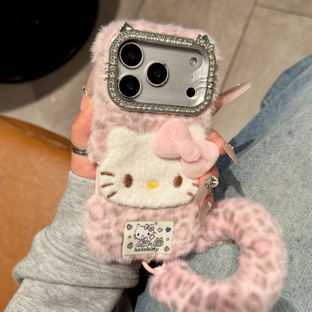 秋冬系列少女双面带钻粉豹纹毛绒KT猫适用于iPhone16/17promax壳