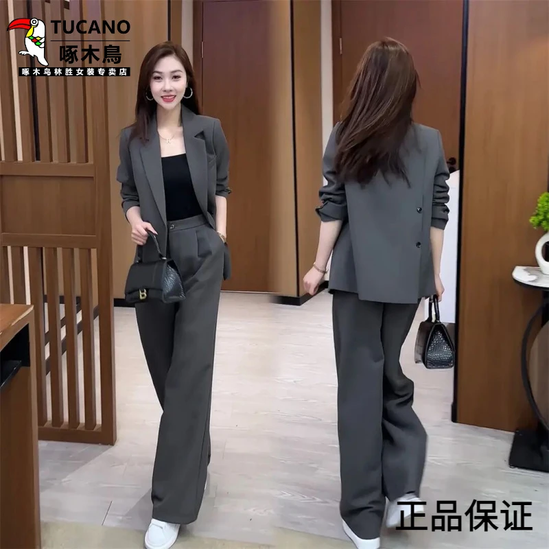 啄木鸟2025春季黑色气质休闲时尚显瘦网红西装套装洋气修身韩版长