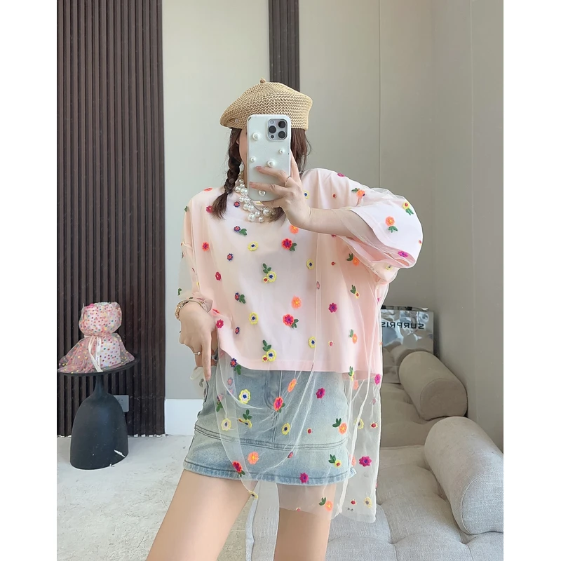 0199【夏季新款】彩色小花网纱短袖（7285）