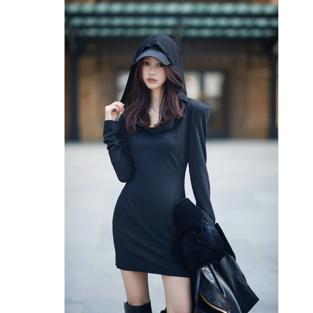 FOREVERCAN复古未来主义 荡领收腰连帽连衣裙SD20504