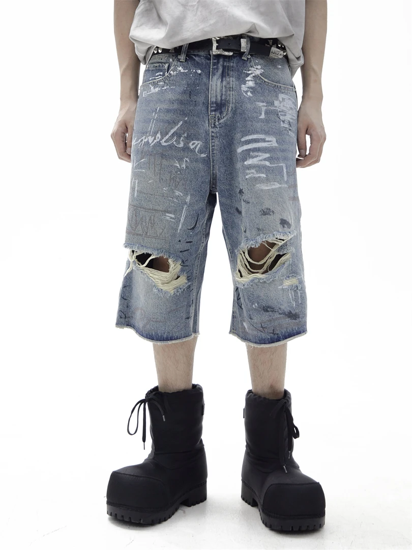 ASHDARK巴黎手绘涂鸦破洞七分牛仔裤男女夏季潮牌宽松直筒短裤