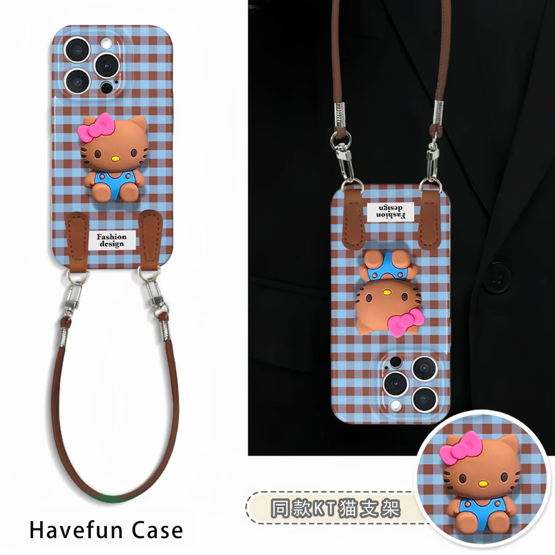 复古格纹黑皮kitty猫适用苹果17/16挂绳手机壳华为vivoppo小米15