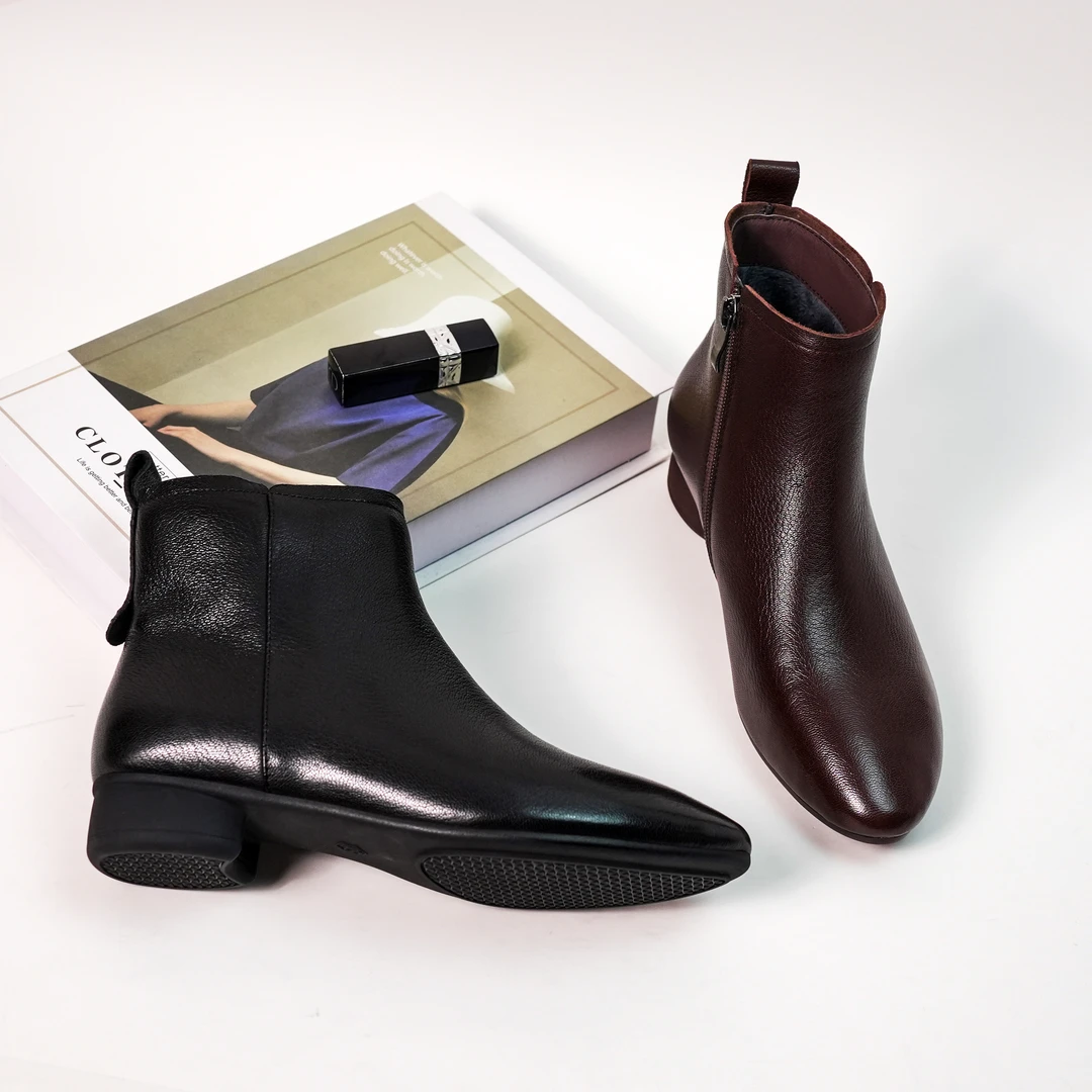 3CM低跟秋季单层短靴舒适时尚休闲百搭真皮粗跟英伦风秋冬平底