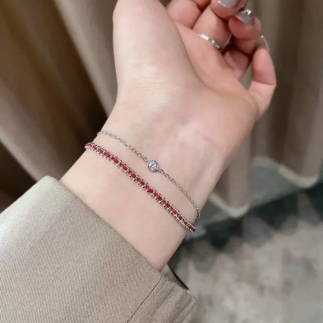 925银手链 通体S925纯银双层红绳泡泡手链 新年必备