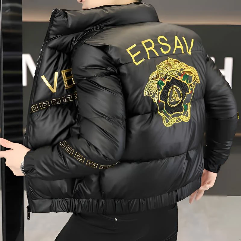 欧洲站男士冬季新款时尚潮流亮面免洗刺绣保暖加厚棉服棉衣男