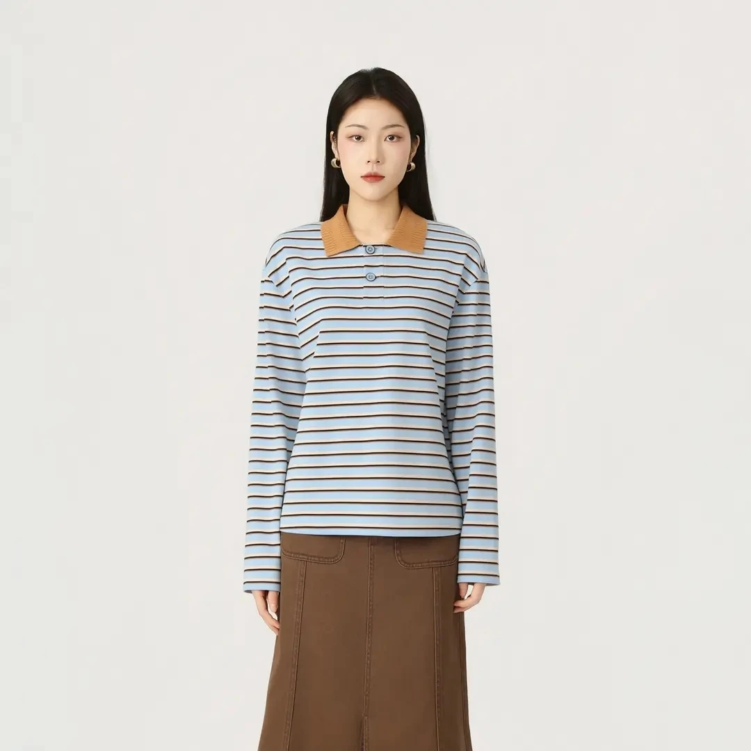 GIRDEAR/哥弟冬上新休闲慵懒风百搭经典条纹polo领长袖T恤1301050