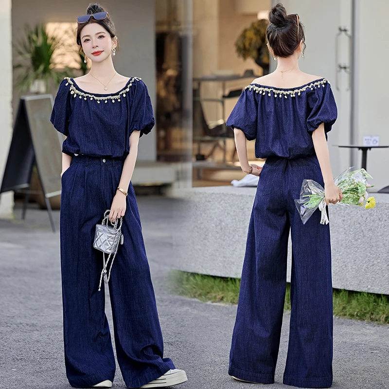 花边拼接一字肩牛仔套装女2025年夏季新款高级感气质阔腿裤两件套