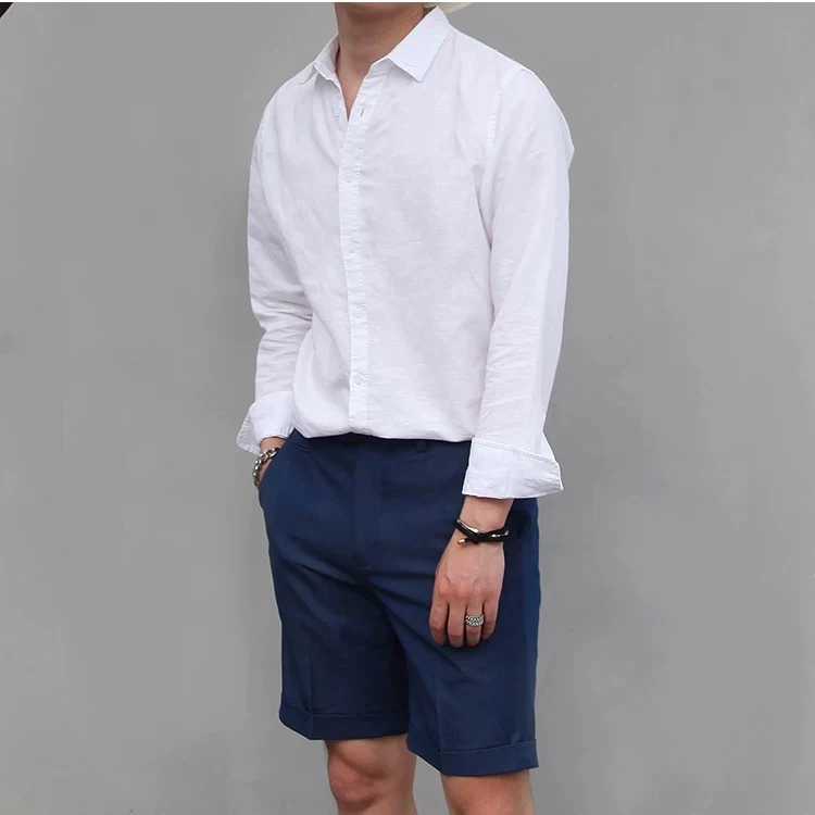 长袖方领亚麻衬衫男韩版宽松棉麻时尚纯色休闲打底白衬衣夏季薄款