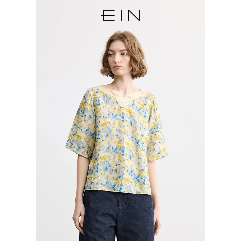 EIN/言仲夏光蕴艺术感浪漫剪影印花弧形领五分袖衬衫上衣早春新款