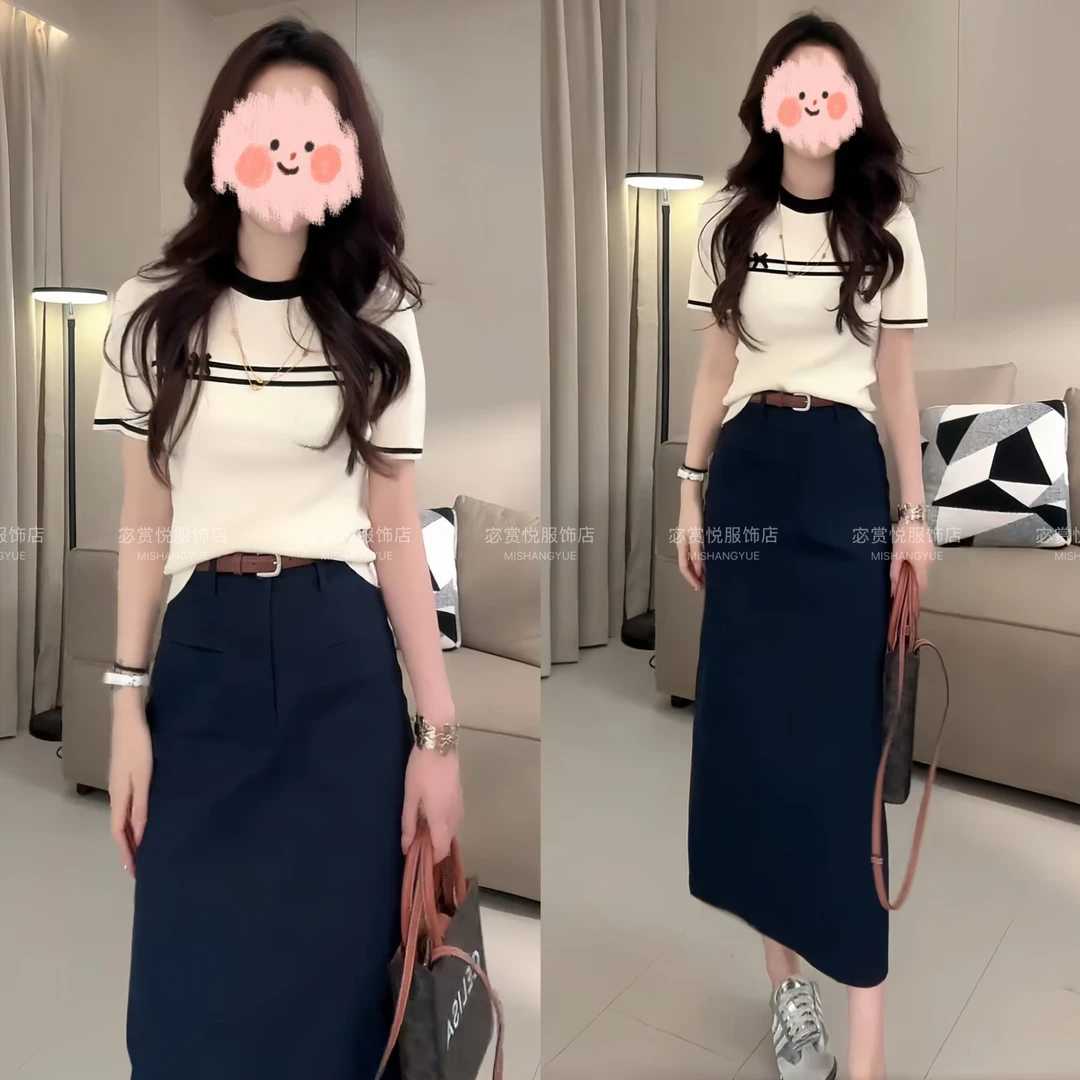 洋气休闲装2025夏季撞色短袖针织上衣T恤百搭半身裙显瘦气质套装