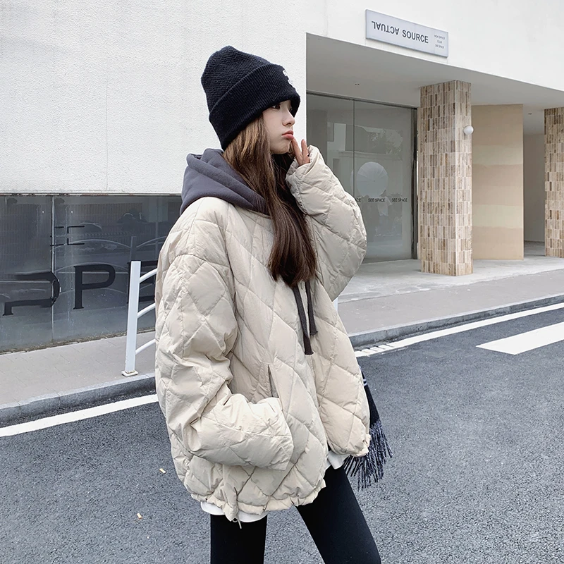 韩版设计感假两件菱格白鸭绒羽绒服女冬季新款小个子加厚宽松外套