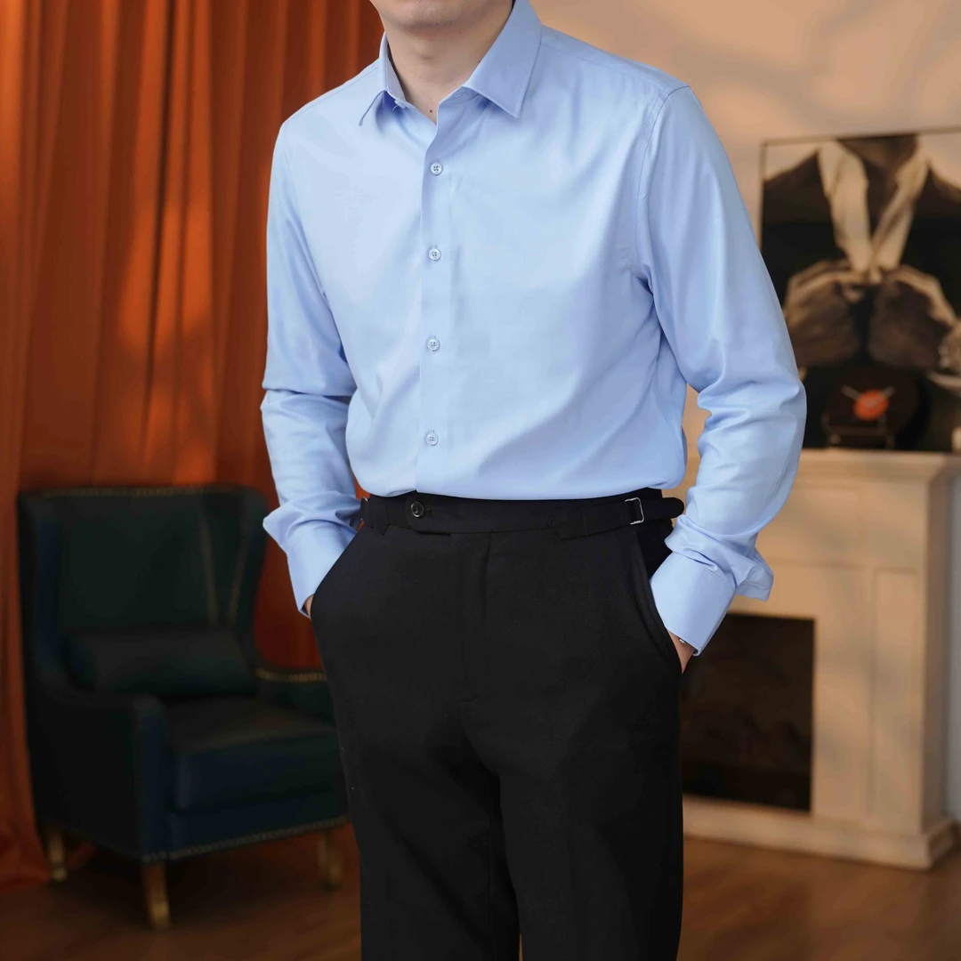 高品质莫代尔简约风长袖夏季纯色免烫衬衫时尚蓝色男装商务休闲